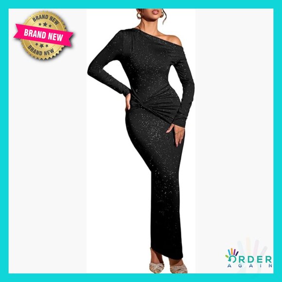 One Shoulder Bodycon Maxi Dress Formal Elegant Ruched Gala Prom Wedding Guest